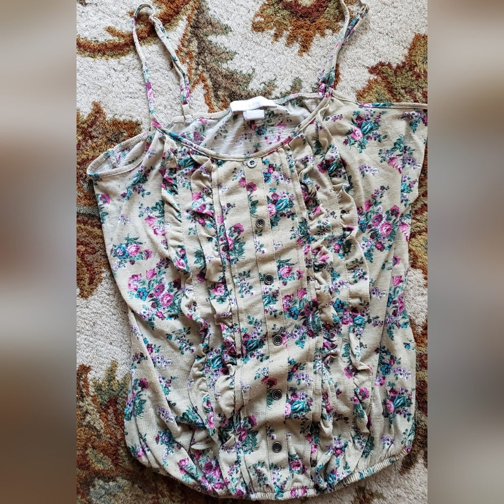 Frilly floral print adjustable cropped tank top with cinched waist